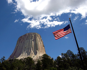 American Flag over Devils Tower