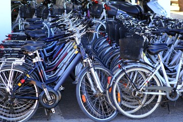 Fototapeta na wymiar rowery z rzędu wielu w sklepie wynajęcia cyklu