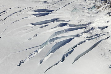 Surface of a flowing glacier. Aerial view. Arctic region