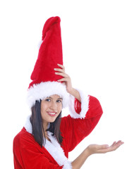 smiling santa girl showing your product