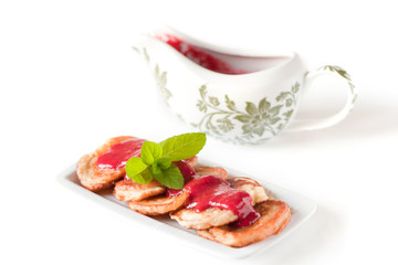 Pancake stack with fresh raspbery sauce