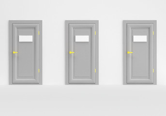 Three gray door  with empty white plate