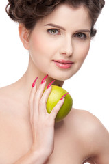 Close up portrait of beauty woman with green apple.