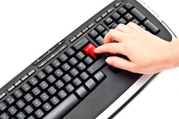 woman about to press red scam button