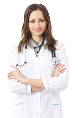 Fototapeta premium Portrait of female doctor or nurse, isolated on white