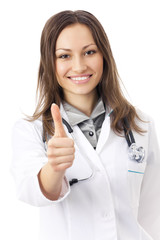 Happy female doctor with thumbs up, isolated on white