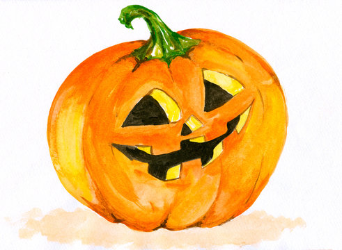 Smiling halloween pumpkin watercolor painted.