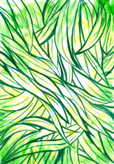 Background with green grass and leaves watercolor painted.