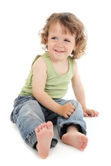 beautiful happy baby with blue eyes sitting