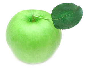 ripe green apple with green leaf