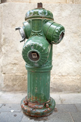 Fototapeta na wymiar green fire hydrant on the street in closeup