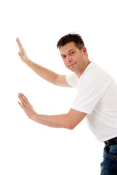 Man Is Pushing Nothing Over White Background