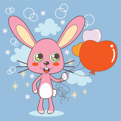 Charming rabbit holding heart shaped ballons