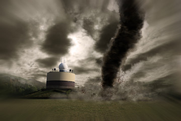 Zoom of a Large tornado over a meteo station