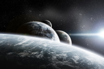 Fantasy space planets illustration with nebula