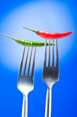 Hot pepper on the fork against colour background