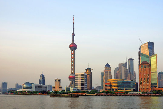 Shanghai the pearl tower and Pudong skyline at sunset.