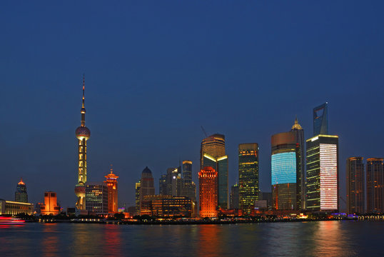 Shanghai Huangpu river and Pudong buildings  night view.