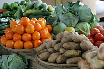 Fruit and vegetable display at a local farmers market.