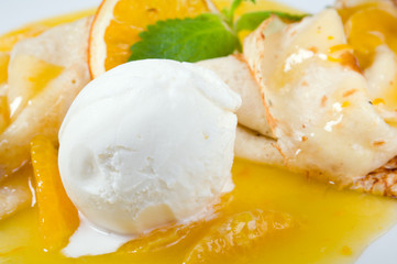 Dessert - Pancakes with Ice Cream and fruit Sauce