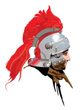 Portrait of Roman Soldier with a red plumed helmet.