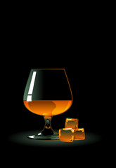 Glass of whiskey with ice on black.
