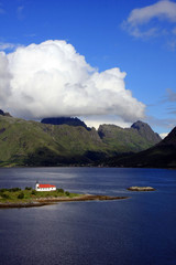 Fjord with church - obrazy, fototapety, plakaty