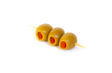 Three olives on a toothpick.