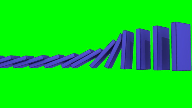 3D blue dominos falling against a green background