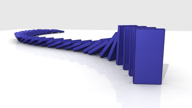 3D blue dominos falling against a white background