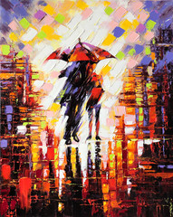 Two enamoured under an umbrella - obrazy, fototapety, plakaty