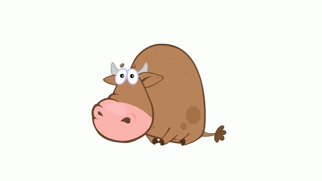 Cartoon video with brown funny bull isolated on white