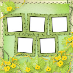 Grunge paper frames with flowers pumpkins and ribbons