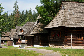 Fototapeta na wymiar Row of Traditional Timber Houses with Wooden Roof