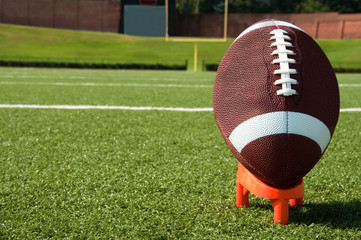 Closeup of American Football on Tee on Field - 25094324