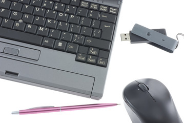 Laptop, mouse, USB flash and pen