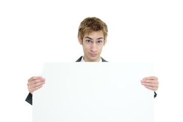 Businessman holding white sign