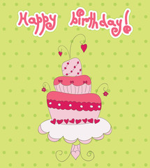 Pink cake on green dotted background. Vector