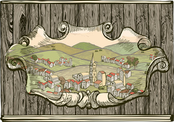 Old city drawing on Wooden plank
