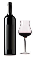 Glass of red wine and bottle on a white background.