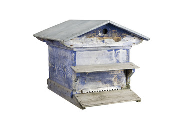 ruche traditionnelle en bois bleuté, détourée pour abeilles