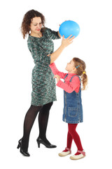 little girl and her mother playing with blue balloon isolated