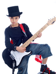 child with top hat playing e guitar isolated on white background