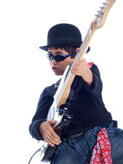 Fototapeta na wymiar child playing an electric guitar isolated on white background