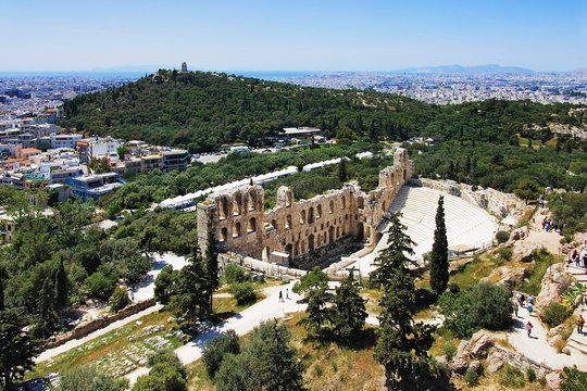 Odeon of Herodes Atticus and Philopappus hill in Athens, Greece