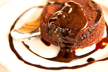 Chocolate dessert in white ceramic plate