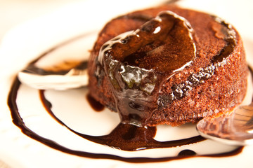 Chocolate dessert in white ceramic plate
