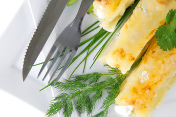 cheese cannelloni on white plate
