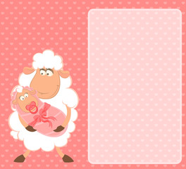 Fototapeta premium Cartoon smiling sheep mother with infant baby