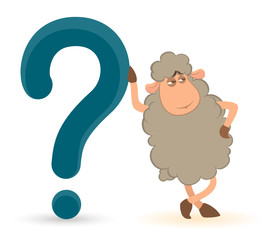 cartoon sheep pushes a question-mark